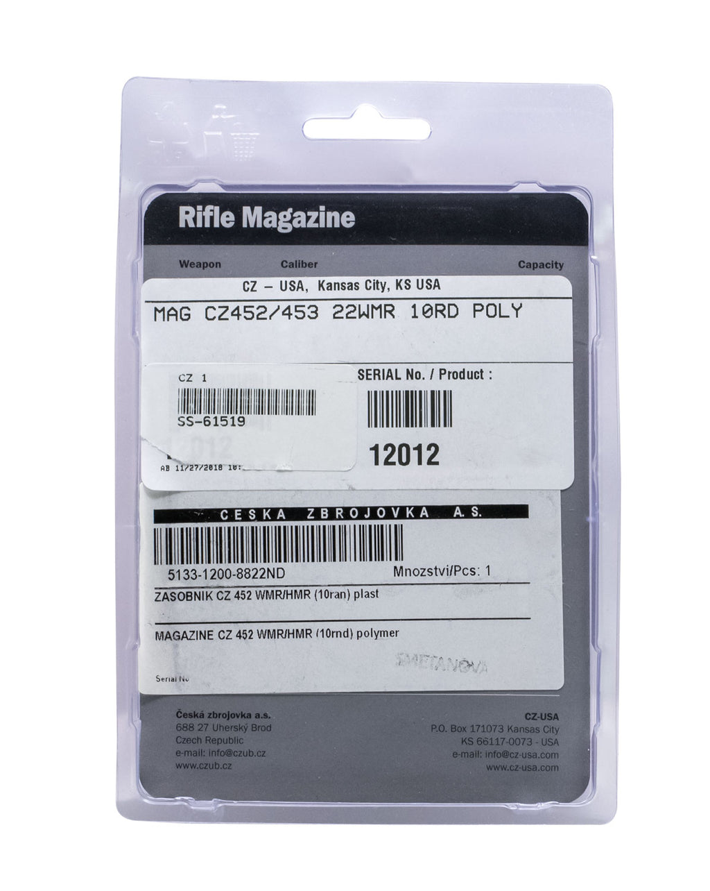 CZ 12012 MAG CZ452/453          22WMR     10R  BLK