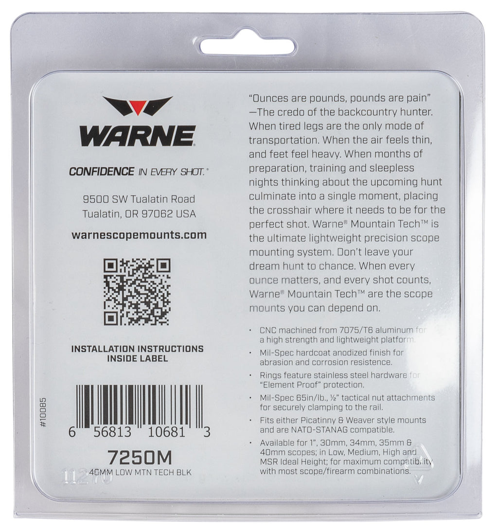 WARNE 7250M       M-T 40MM RINGS LOW MATTE