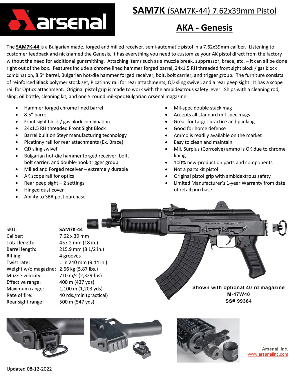 ARSENAL SAM7K-44      SAM7K 762X39 PST 8.5 5R BLK